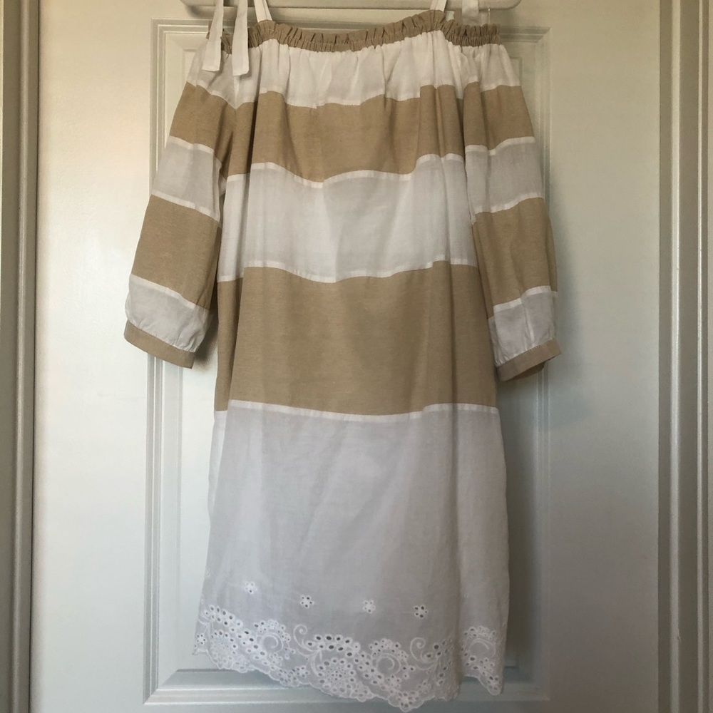 Impeccable Pig Boutique, Tan & White Shift Dress
